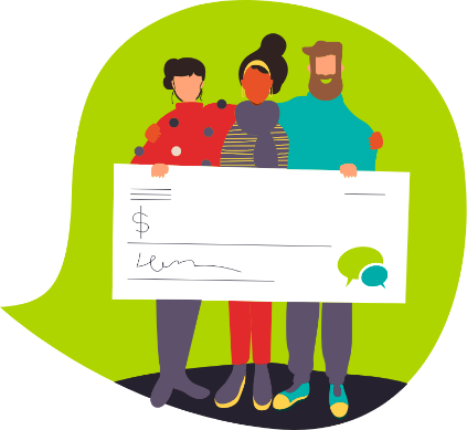 An illustration of three individuals holding a giant cheque