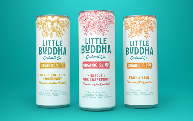 Three example cans of Little Buddha beverages on a blue background
